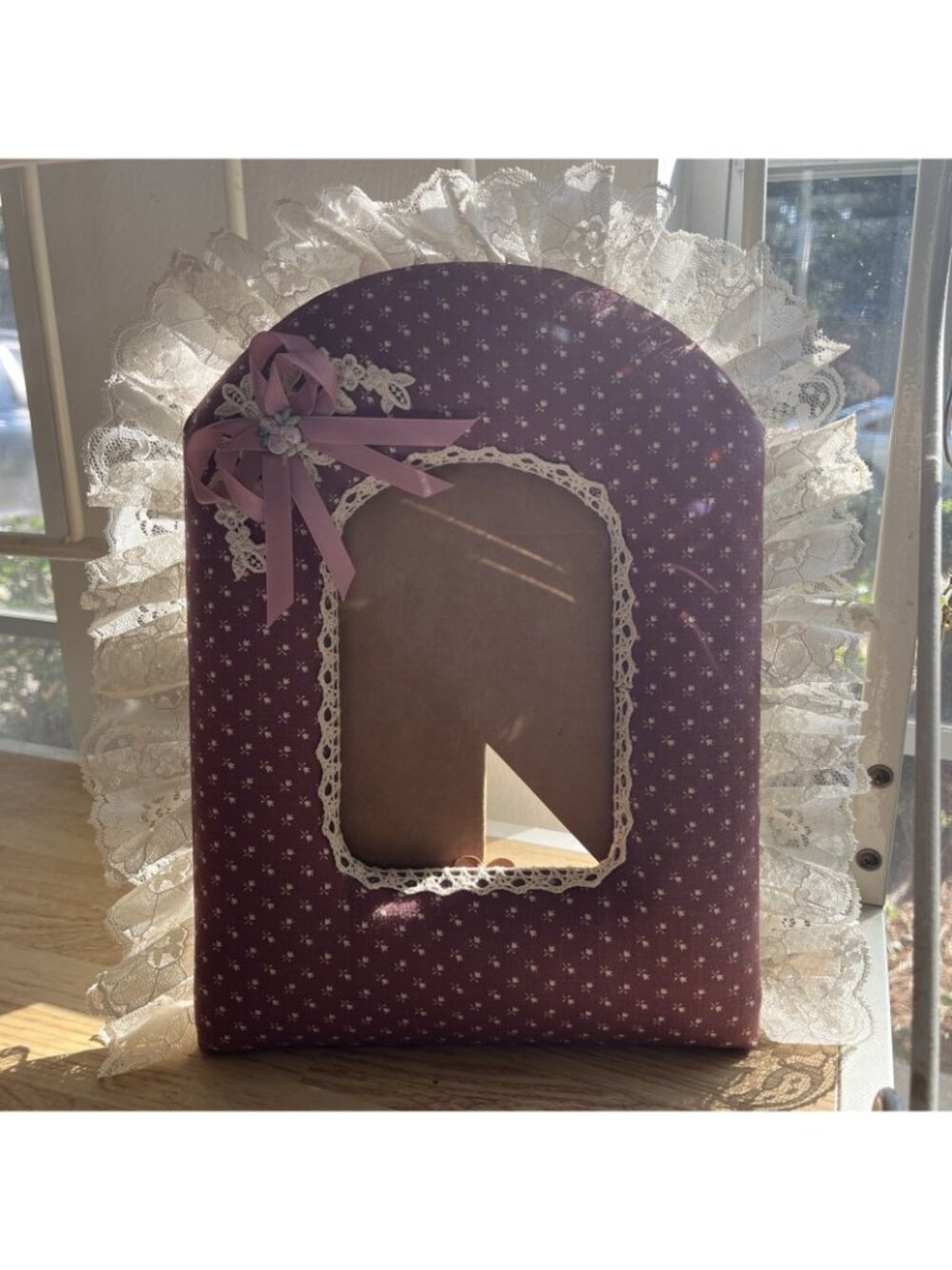80s mauve floral cottagecore fabric picture frame bow country grandma 5x7 - Picture 7 of 7